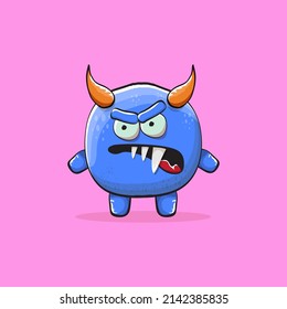 Vector cartoon funny blue monster with horn isolated on pink background. Smiling silly blue monster print sticker design template. Blue Ghost, troll, gremlin, goblin, devil and monster