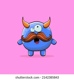 Vector cartoon funny blue monster with horn isolated on pink background. Smiling silly blue monster print sticker design template. Blue Ghost, troll, gremlin, goblin, devil and monster