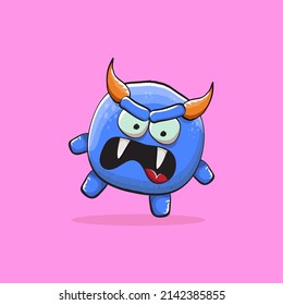 Vector cartoon funny blue monster with horn isolated on pink background. Smiling silly blue monster print sticker design template. Blue Ghost, troll, gremlin, goblin, devil and monster