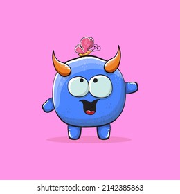 Vector cartoon funny blue monster with horn isolated on pink background. Smiling silly blue monster print sticker design template. Blue Ghost, troll, gremlin, goblin, devil and monster