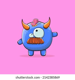 Vector cartoon funny blue monster with horn isolated on pink background. Smiling silly blue monster print sticker design template. Blue Ghost, troll, gremlin, goblin, devil and monster