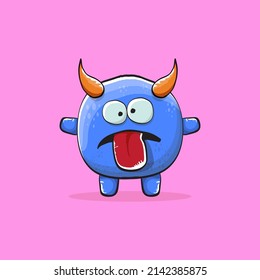 Vector cartoon funny blue monster with horn isolated on pink background. Smiling silly blue monster print sticker design template. Blue Ghost, troll, gremlin, goblin, devil and monster