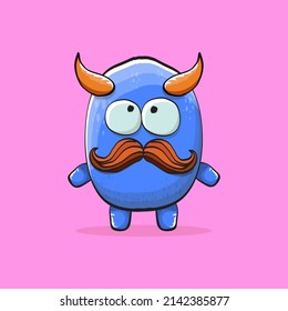 Vector cartoon funny blue monster with horn isolated on pink background. Smiling silly blue monster print sticker design template. Blue Ghost, troll, gremlin, goblin, devil and monster