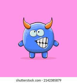 Vector cartoon funny blue monster with horn isolated on pink background. Smiling silly blue monster print sticker design template. Blue Ghost, troll, gremlin, goblin, devil and monster