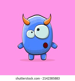 Vector cartoon funny blue monster with horn isolated on pink background. Smiling silly blue monster print sticker design template. Blue Ghost, troll, gremlin, goblin, devil and monster
