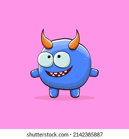 Vector cartoon funny blue monster with horn isolated on pink background. Smiling silly blue monster print sticker design template. Blue Ghost, troll, gremlin, goblin, devil and monster