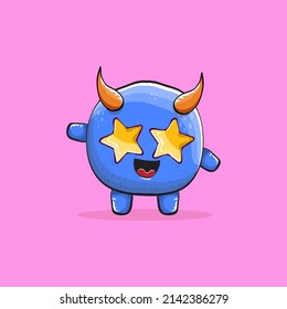 Vector cartoon funny blue monster with horn isolated on pink background. Smiling silly blue monster print sticker design template. Blue Ghost, troll, gremlin, goblin, devil and monster