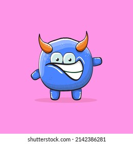 Vector cartoon funny blue monster with horn isolated on pink background. Smiling silly blue monster print sticker design template. Blue Ghost, troll, gremlin, goblin, devil and monster