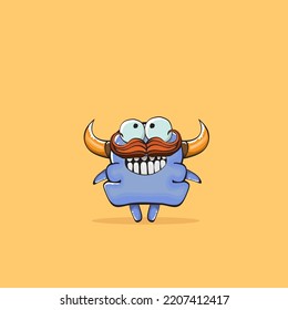 Vector cartoon funny blue monster with horn isolated on yellow background. Smiling silly blue monster print sticker design template. Ghost, troll, gremlin, goblin, devil and monster