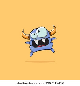 Vector cartoon funny blue monster with horn isolated on yellow background. Smiling silly blue monster print sticker design template. Ghost, troll, gremlin, goblin, devil and monster