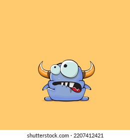 Vector cartoon funny blue monster with horn isolated on yellow background. Smiling silly blue monster print sticker design template. Ghost, troll, gremlin, goblin, devil and monster