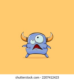 Vector cartoon funny blue monster with horn isolated on yellow background. Smiling silly blue monster print sticker design template. Ghost, troll, gremlin, goblin, devil and monster