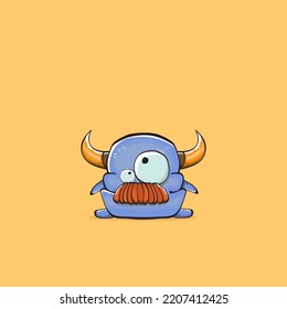 Vector cartoon funny blue monster with horn isolated on yellow background. Smiling silly blue monster print sticker design template. Ghost, troll, gremlin, goblin, devil and monster