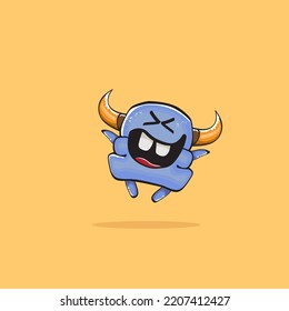 Vector cartoon funny blue monster with horn isolated on yellow background. Smiling silly blue monster print sticker design template. Ghost, troll, gremlin, goblin, devil and monster