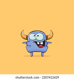 Vector cartoon funny blue monster with horn isolated on yellow background. Smiling silly blue monster print sticker design template. Ghost, troll, gremlin, goblin, devil and monster