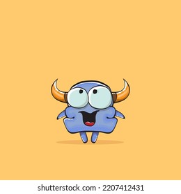 Vector cartoon funny blue monster with horn isolated on yellow background. Smiling silly blue monster print sticker design template. Ghost, troll, gremlin, goblin, devil and monster