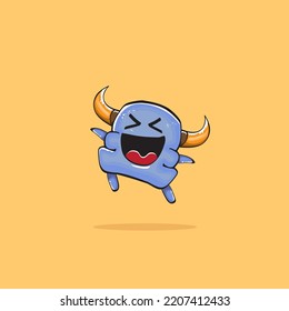 Vector cartoon funny blue monster with horn isolated on yellow background. Smiling silly blue monster print sticker design template. Ghost, troll, gremlin, goblin, devil and monster