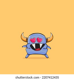 Vector cartoon funny blue monster with horn isolated on yellow background. Smiling silly blue monster print sticker design template. Ghost, troll, gremlin, goblin, devil and monster