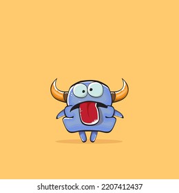 Vector cartoon funny blue monster with horn isolated on yellow background. Smiling silly blue monster print sticker design template. Ghost, troll, gremlin, goblin, devil and monster