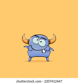 Vector cartoon funny blue monster with horn isolated on yellow background. Smiling silly blue monster print sticker design template. Ghost, troll, gremlin, goblin, devil and monster