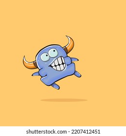 Vector cartoon funny blue monster with horn isolated on yellow background. Smiling silly blue monster print sticker design template. Ghost, troll, gremlin, goblin, devil and monster