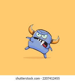 Vector cartoon funny blue monster with horn isolated on yellow background. Smiling silly blue monster print sticker design template. Ghost, troll, gremlin, goblin, devil and monster