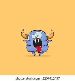 Vector cartoon funny blue monster with horn isolated on yellow background. Smiling silly blue monster print sticker design template. Ghost, troll, gremlin, goblin, devil and monster