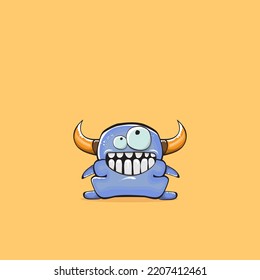 Vector cartoon funny blue monster with horn isolated on yellow background. Smiling silly blue monster print sticker design template. Ghost, troll, gremlin, goblin, devil and monster