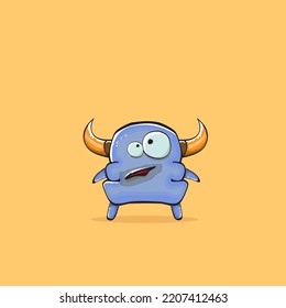 Vector cartoon funny blue monster with horn isolated on yellow background. Smiling silly blue monster print sticker design template. Ghost, troll, gremlin, goblin, devil and monster