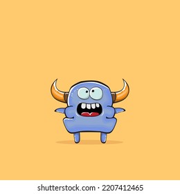 Vector cartoon funny blue monster with horn isolated on yellow background. Smiling silly blue monster print sticker design template. Ghost, troll, gremlin, goblin, devil and monster