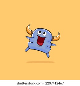 Vector cartoon funny blue monster with horn isolated on yellow background. Smiling silly blue monster print sticker design template. Ghost, troll, gremlin, goblin, devil and monster