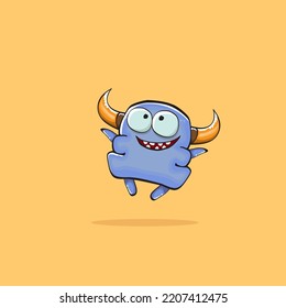 Vector cartoon funny blue monster with horn isolated on yellow background. Smiling silly blue monster print sticker design template. Ghost, troll, gremlin, goblin, devil and monster