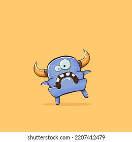 Vector cartoon funny blue monster with horn isolated on yellow background. Smiling silly blue monster print sticker design template. Ghost, troll, gremlin, goblin, devil and monster