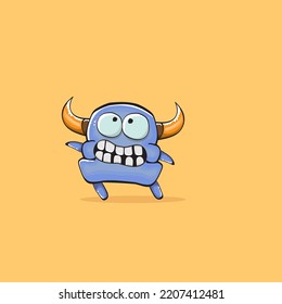 Vector cartoon funny blue monster with horn isolated on yellow background. Smiling silly blue monster print sticker design template. Ghost, troll, gremlin, goblin, devil and monster