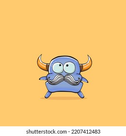 Vector cartoon funny blue monster with horn isolated on yellow background. Smiling silly blue monster print sticker design template. Ghost, troll, gremlin, goblin, devil and monster