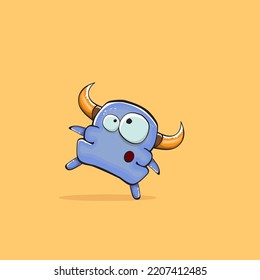 Vector cartoon funny blue monster with horn isolated on yellow background. Smiling silly blue monster print sticker design template. Ghost, troll, gremlin, goblin, devil and monster