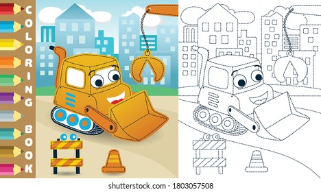 Vector cartoon of funny bulldozer on buildings background, construction elements, coloring page or book