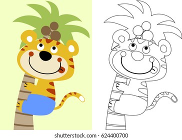 vector cartoon of funny cat climbing palm tree, coloring book or page 