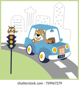 vector cartoon of funny cat driving car with owl on stoplight