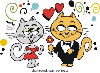 Vector cartoon of funny cat giving flower to girlfriend.