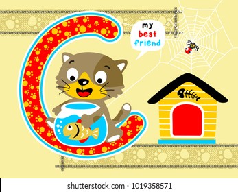Vector cartoon of funny cat hugging fish jar, pets elements illustration with spider on cobweb