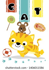 Vector cartoon of funny cat and mouse playing ball