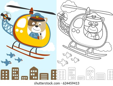 vector cartoon of funny cat on helicopter with birds, coloring book or page