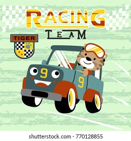 vector cartoon of funny cat on racing car