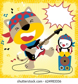 vector cartoon of funny cat with penguin in music concert