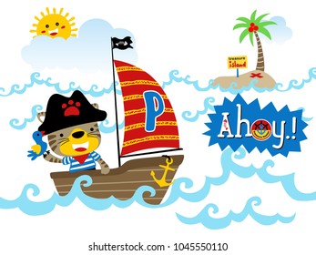 Vector cartoon of funny cat in pirate costume with a bird on sailboat, pirate element illustration