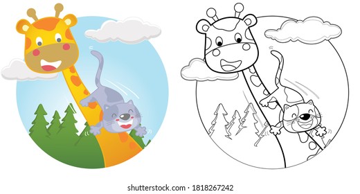 Vector cartoon of funny cat sliding on giraffes neck, coloring book or page