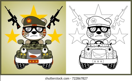 vector cartoon of funny cat soldier on armored vehicle with weapons, coloring page or book
