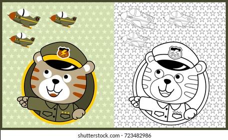 vector cartoon of funny cat soldier with jet plane on stars background pattern, coloring book or page