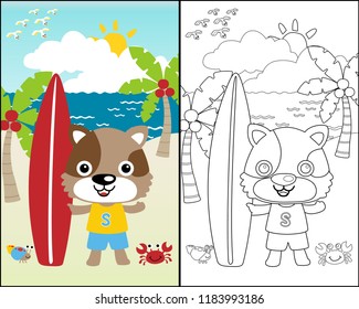 Vector cartoon of funny cat standing holding surfboard with little crab and hermit crab on beach background, coloring book or page. Eps 10